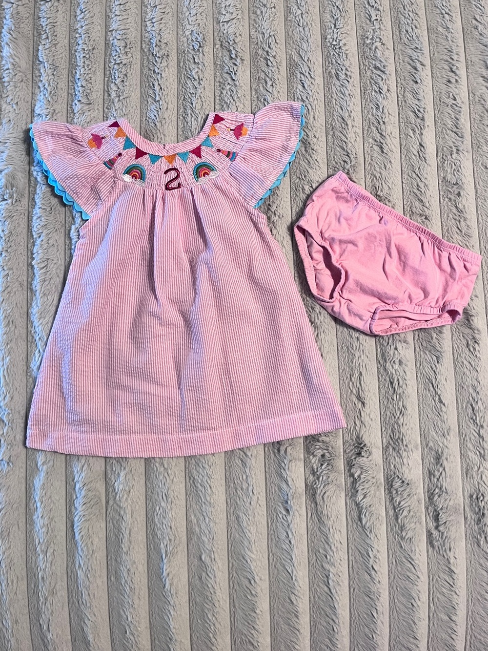 Mud Pie 24M/ 2T Pink Embroidered Flutter-Sleeve Dress with Matching Bloomers 24M